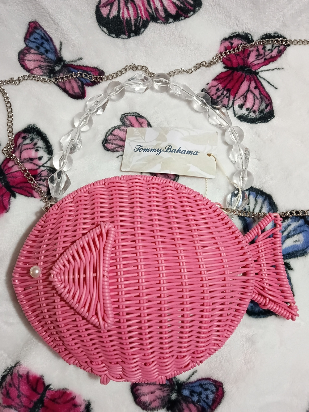 Tommy Bahama Tik Toc Viral Pink Woven Crossbody Fish Bag - Picture 2 of 10